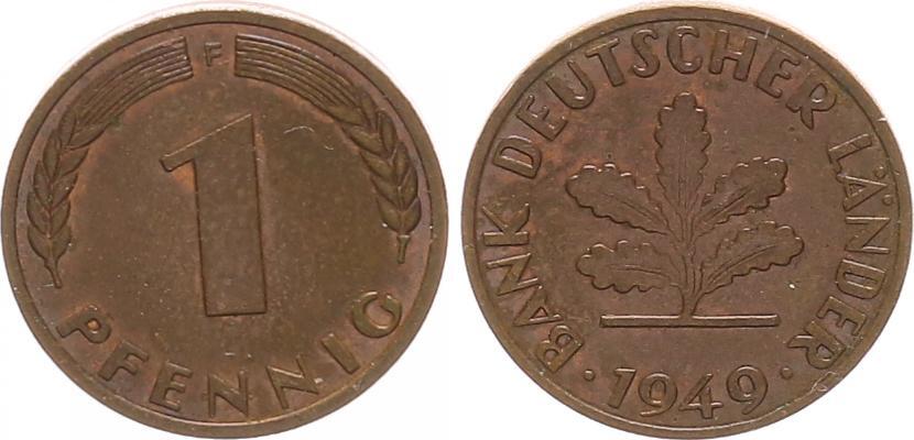 1 Pfennig 1949 J Bank Deutscher Länder Deutschland 1 Pfennig Bank deutscher Länder 1949 F vz,Kupferpatina | MA