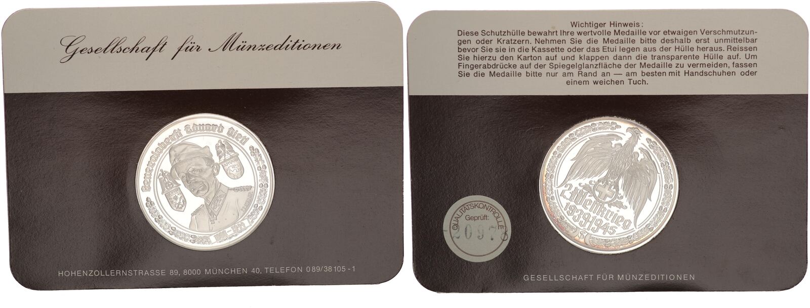 Deutschland / 2.Weltkrieg MEDAILLE ca 1970 2.WK Generaloberst Eduard ...