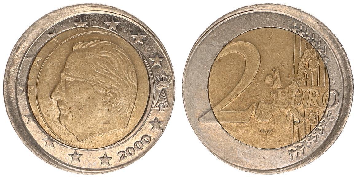 2 Euro Fehlprägung Belgien 2 Euro 2000 ca. 510 dezentriert, ohne Riffelrand geprägt vz