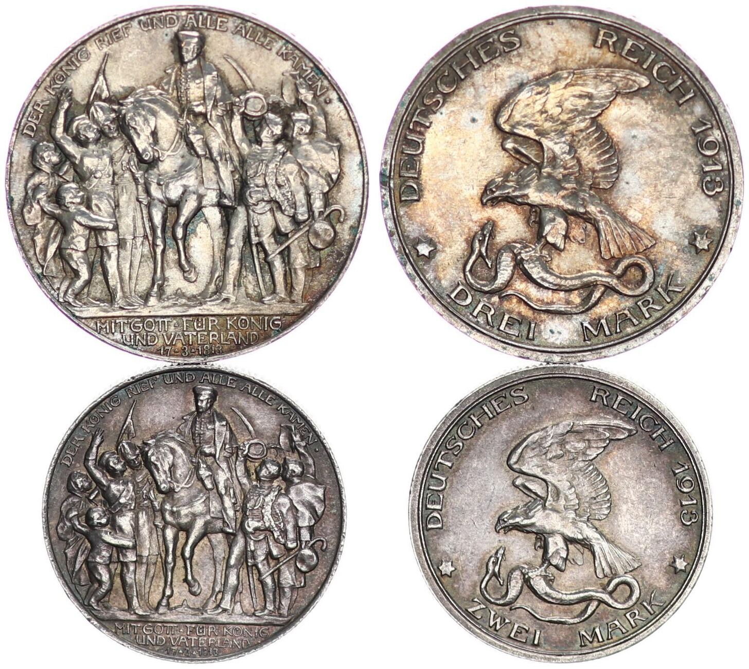 Deutsches Kaiserreich Preußen 2 und 3 Mark Set Set Preußen 1913 A Der König rief Deutsches Kaiserreich Preußen 2 und 3 Mark Set Set Preußen 1913 A Der König rief