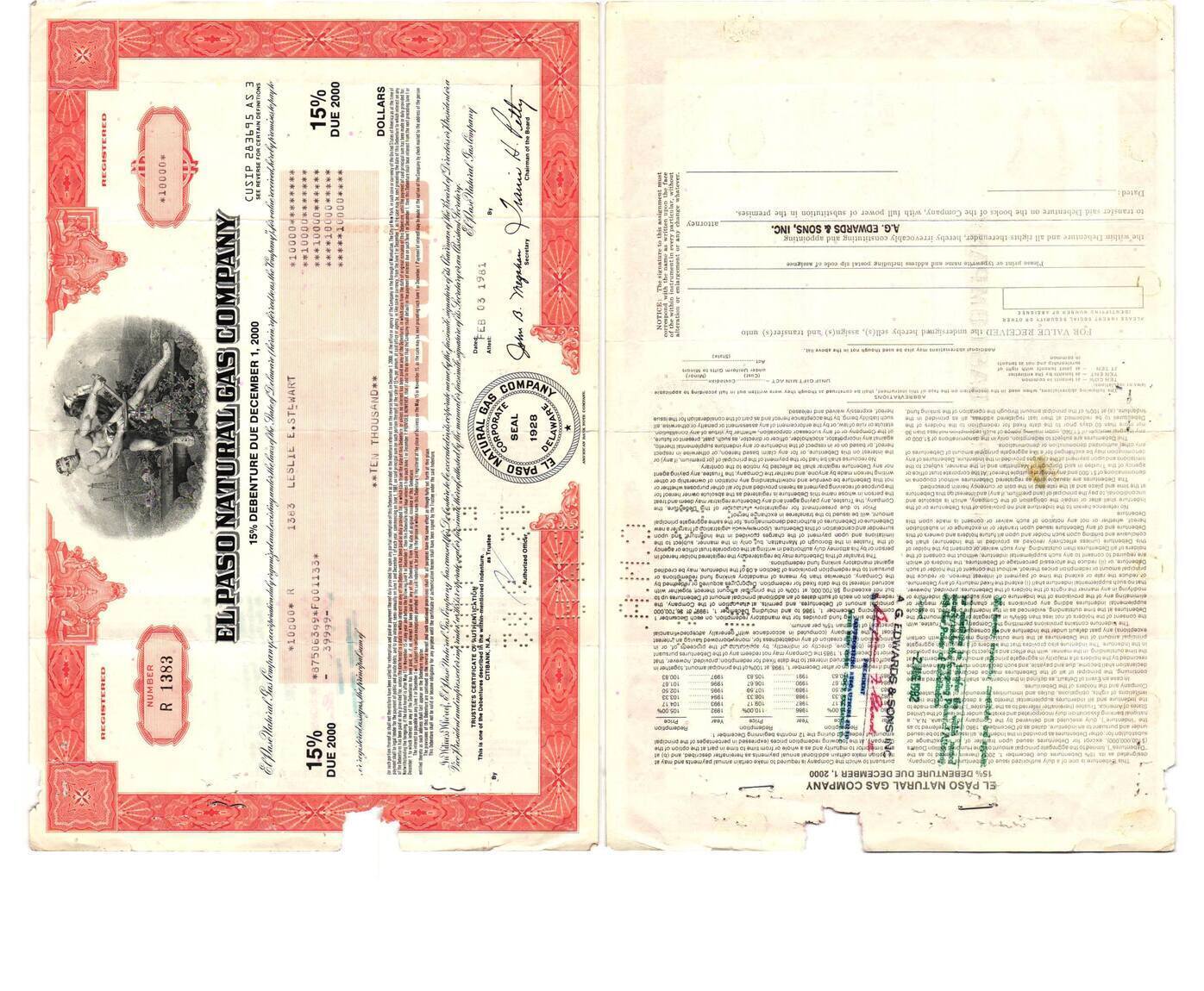 Amerika 1981 Anteilsschein der El Paso Natural Gas Company zu 10.000