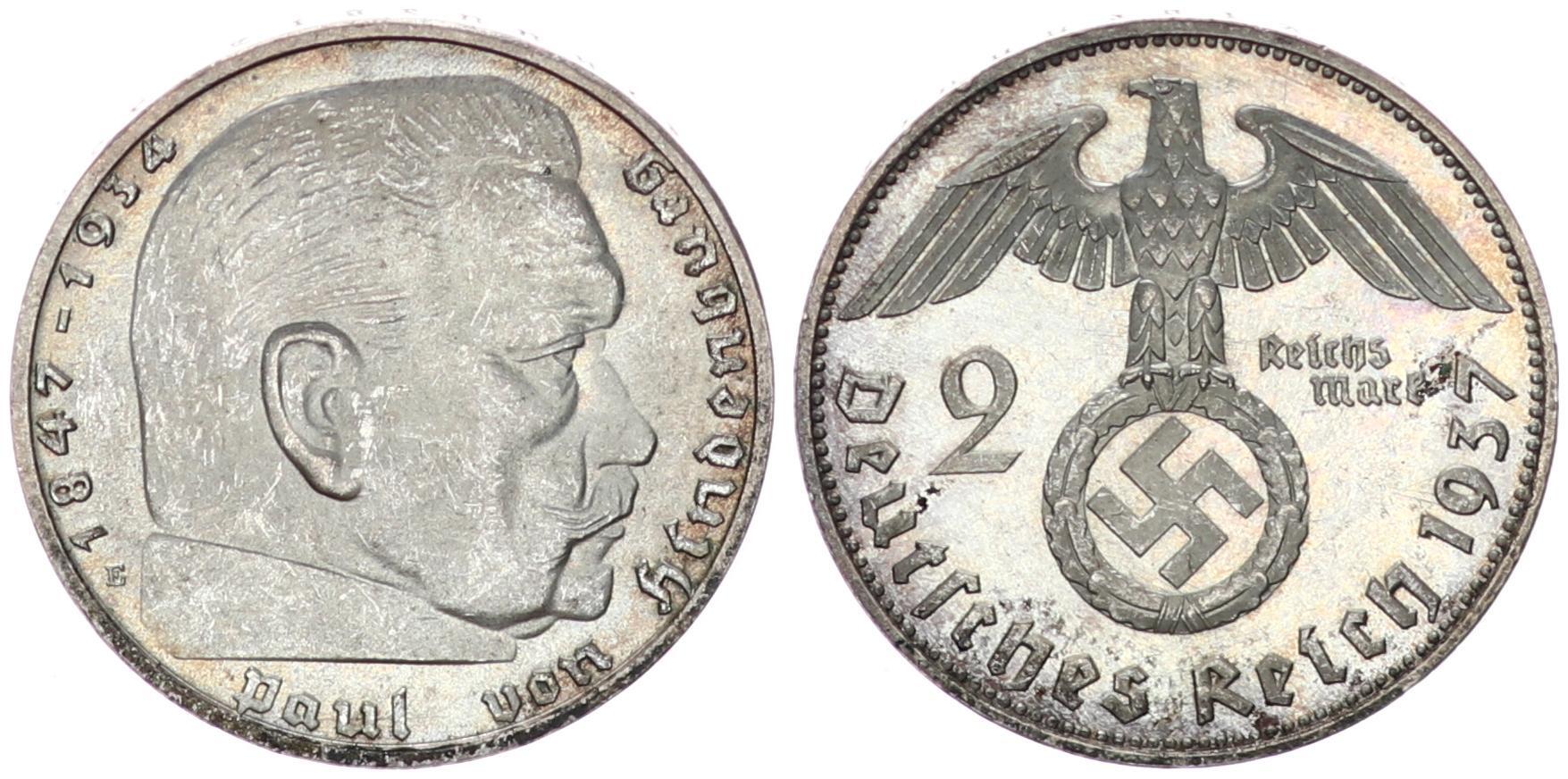 2 Mark Deutsches Reich 1937 Paul Von Hindenburg