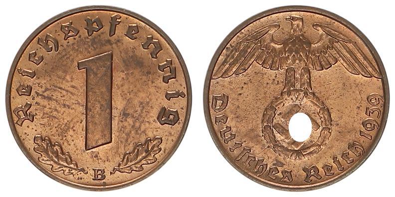 Deutschland / 3.Reich 1 Reichspfennig 1 Pfennig 1939B Fast Stempelglanz ...