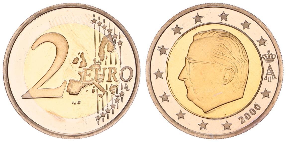 2 Euro Münze 2000 Belgien Fehlprägung Belgien 2 Euro Kursmünze 2000 Polierte Platte (PP,Proof) Fehlprägung