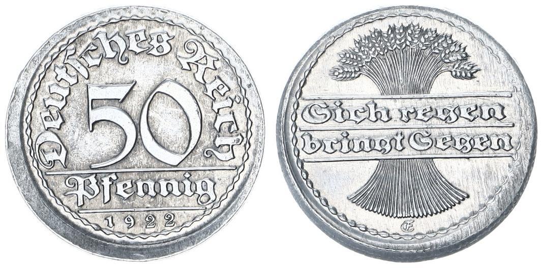 Weimar 50 Pfennig 1922 E FEHLPRÄGUNG Leicht Dezentriert Ohne Riffelrand ...