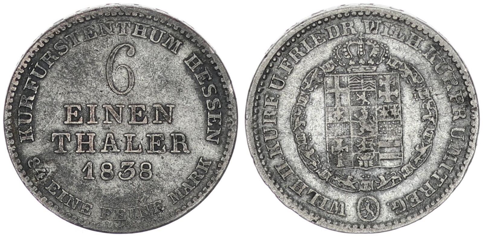 Hessen Kassel Kurfürstentum Hessen Kassel 1 6 Taler 1838 Wilhelm II