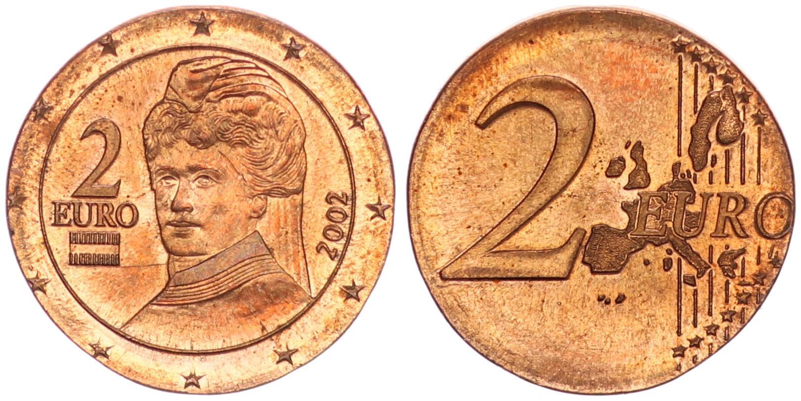Österreich 2 Euro Fehlprägung 2002 auf 5 Cent Rohling, ohne Riffelrand, ohne Randschrift