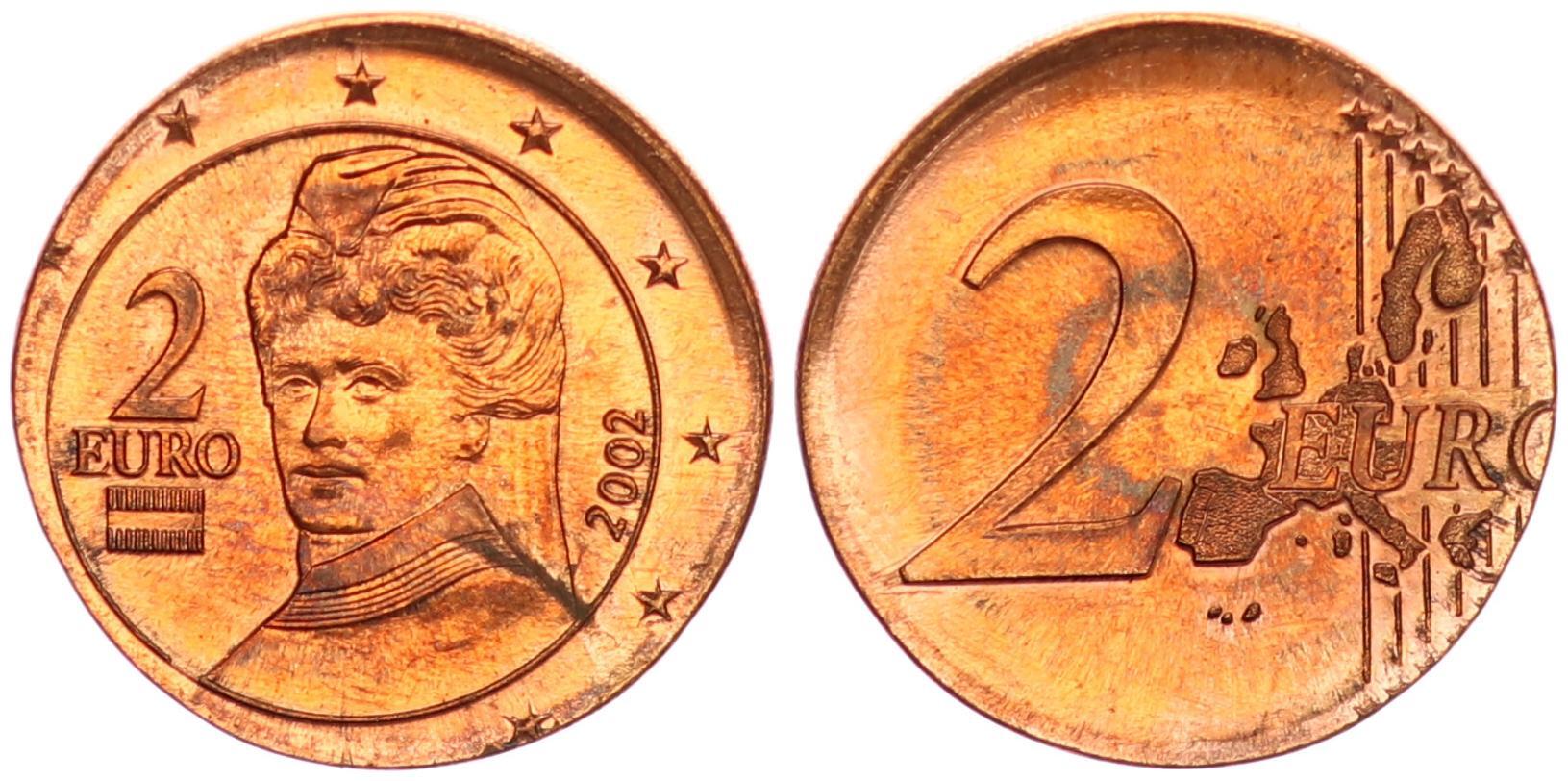 Österreich 2 Euro Fehlprägung 2002 auf 5 Cent Rohling, Rand teilweise geriffelt, ohne