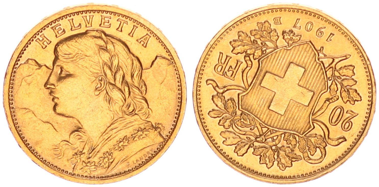 1907 B Schweiz Vreneli 20 Franken Gold Mit Ca. 20° Stempeldrehung Nach ...