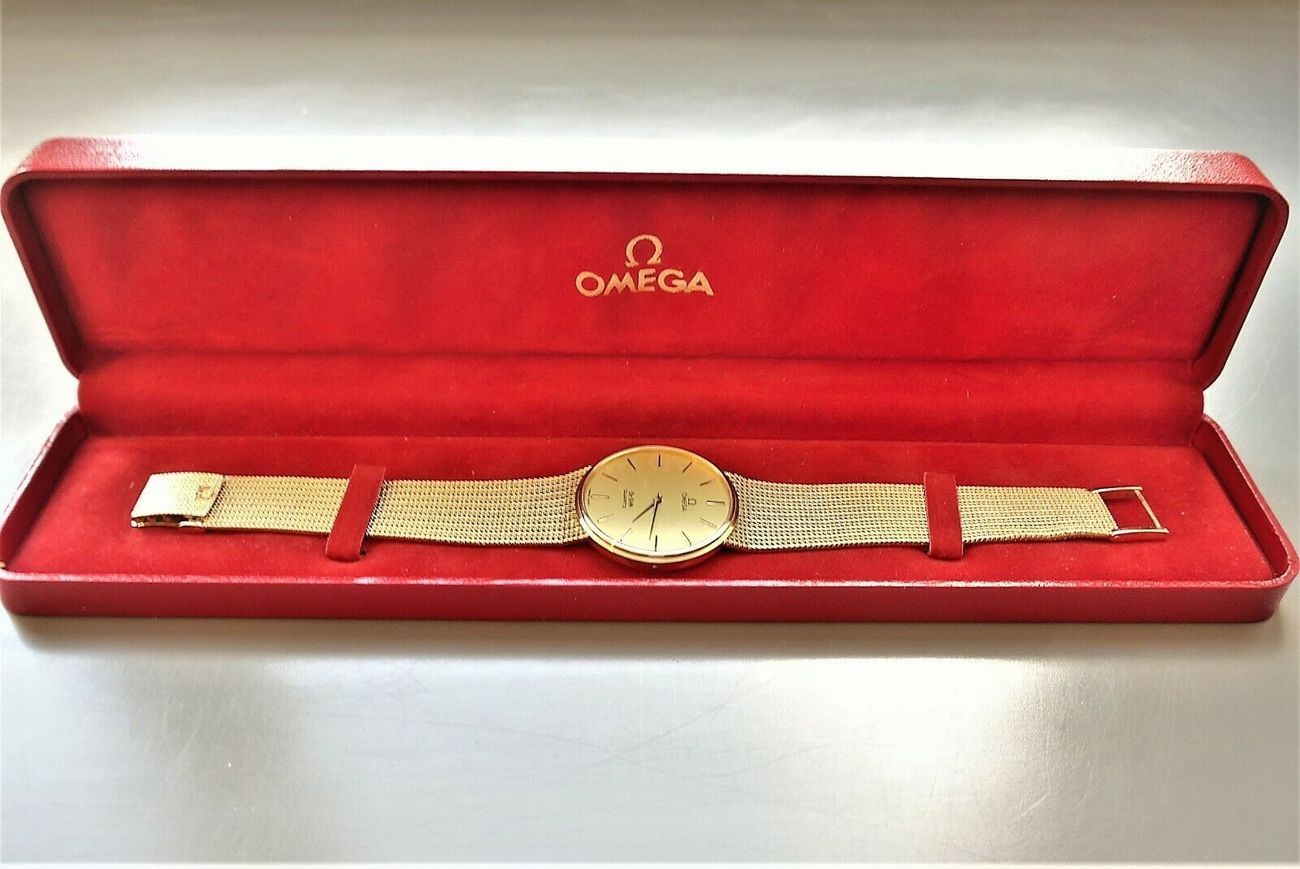 Schweiz, ca. 1980 OMEGA De Ville Quartz HERREN ARMBANDUHR, Gold-14 K,  schöne Uhr mit gold.Armband, kleine Gebrauchsspuren, siehe Fotos | MA-Shops