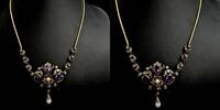 19K Gold Kette mit Amethyst, Perlen und Diamanten, gestempelt 43,5cm lang -