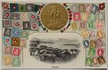 Luzern, Schweiz Präge-Postkarte Luzern mit Abbildung von Schweizer Briefmarken und Medaille auf Wilhelm Tell -