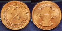 Deutschland / Weimar 2 Pfennig Fehlprägung ohne Ring Weimar 2 Pfennig 1924A Fehlprägung ohne Ring, dadurch größer und flacher, vz-st