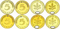 Deutschland 5 Pfennig 5 Pfennig 1990 D,F,G,J 4 Münzen komplett PP -