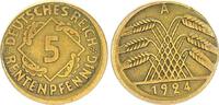 Deutschland / Weimar 5 Pfennig Fehlprägung 5 Pfennig 1924 A Fehlprägung 10% dezentriert ohne Riffelrand -