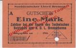 Deutschland 1 Mark Gutschein 1 Mark Gutschein des Technischen Betriebs des N.D.L. Bremerhaven -