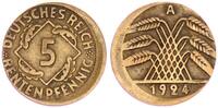 Deutschland - Weimarer Republik 5 Pfennig Fehlprägung Weimar 5 Rentenpfennig 1924 A Fehlprägung: 10 % dezentriert, ohne Riffelrand -