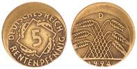 Deutschland - Weimarer Republik 5 Pfennig Fehlprägung Weimar 5 Rentenpfennig 1924 D Fehlprägung: 10-15 % dezentriert, ohne Riffelrand -