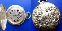 Schweiz, UNISEX TASCHENUHR, originelle silberne TASCHENUHR mit Jagdszene, Sprungdeckel, gute Funktion, -