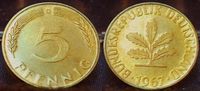 Deutschland 5 Pfennig BRD 5 Pfennig 1967G, seltenes Jahr und Münzzeichen, PP
