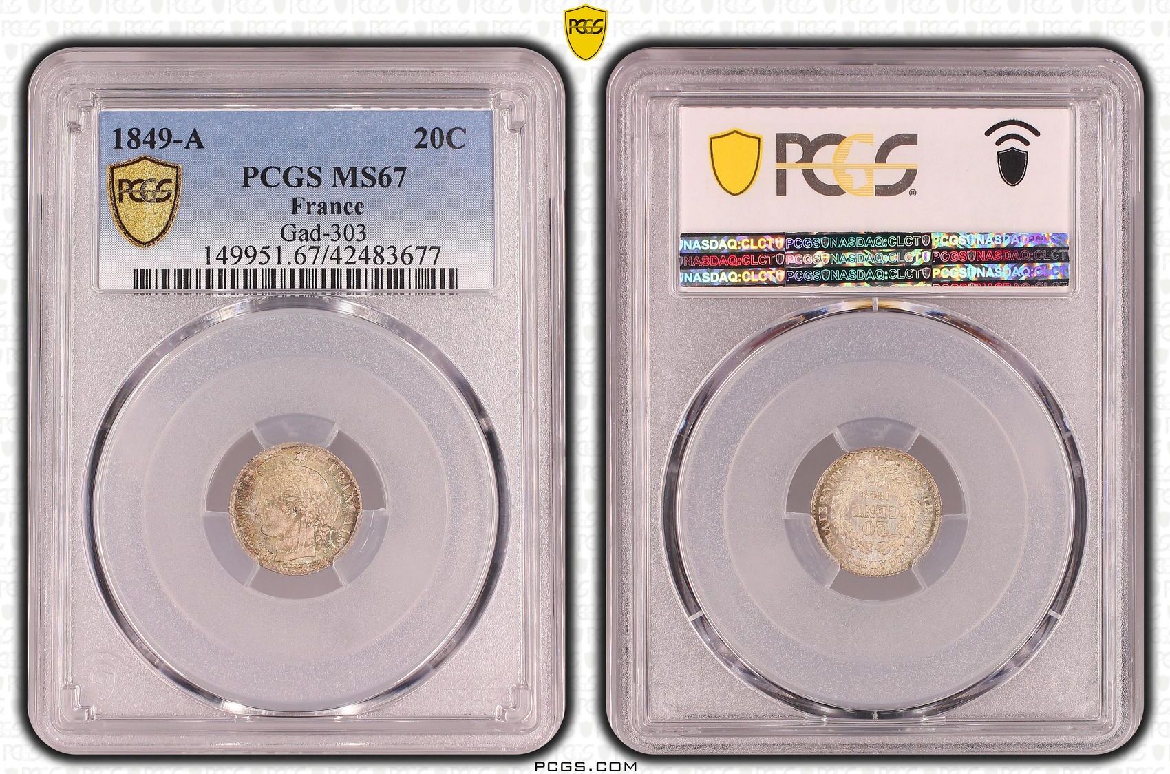 France 1849-A 20C Gad-303 - PCGS MS67, Top POP, 4877 ex | MA-Shops