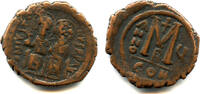 Antike Bronze follis of Justin II (565-578 AD), dated to 570/571 AD, Constantinople min -