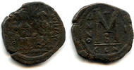 Antike Bronze follis of Justin II , RY1, Constantinople , Byzantine Empire -