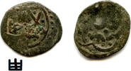 Mittelalter Copper Golden Horde pul with a castle countermark by the Genoese in Caffa , ca -