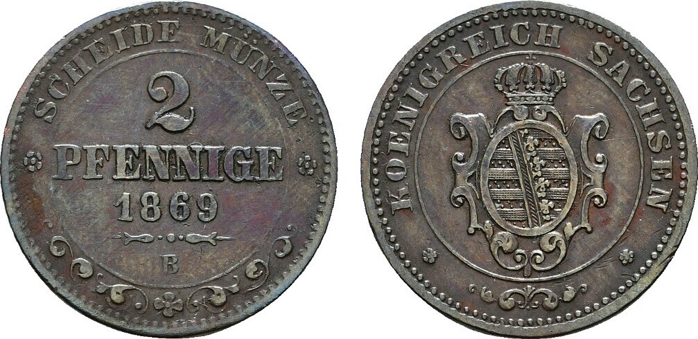 SACHSEN 2 Pfennig 1869 B Johann, 1854-1873. Vorzüglich. | MA-Shops