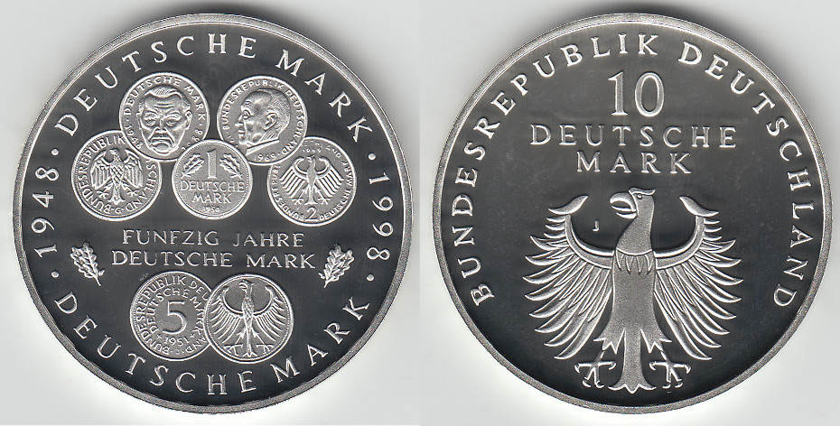 BRD 10 DM, 50 Jahre Deutsche Mark, Spiegelglanz (PP), 1998 J, in Kapsel ...