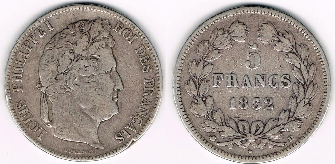 1832 D Frankreich 1834 D, 5 Francs, Erhaltung siehe Scan! sehr schön