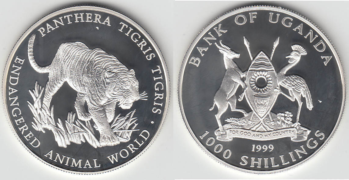 Uganda 1000 Shilling 1999 Silbergedenkmünze Bedrohte Tierwelt mit Motiv