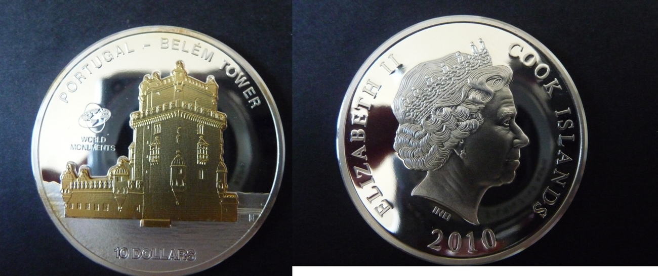 Cook Islands 10 Dollars 2010 Skulpturmünze Torre de Belem":, Silber ... Cook Islands 10 Dollars 2010 Skulpturmünze Torre de Belem":, Silber ...