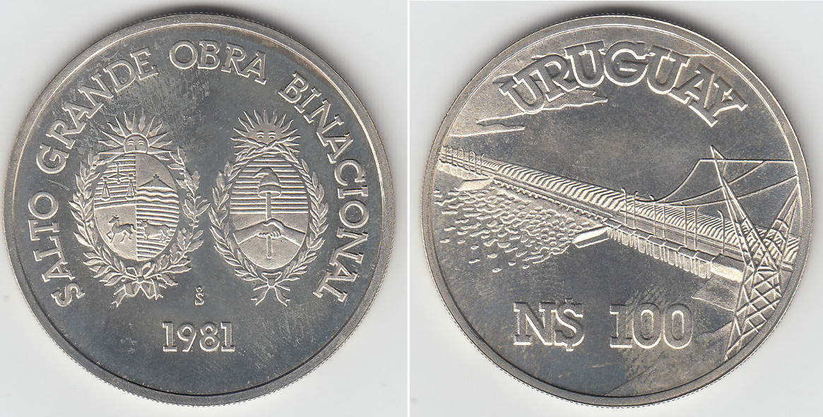 Uruguay 100 Pesos 1981 Silbergedenkmünze Wasserkraftwerk mit Staudamm ... Uruguay 100 Pesos 1981 Silbergedenkmünze Wasserkraftwerk mit Staudamm ...