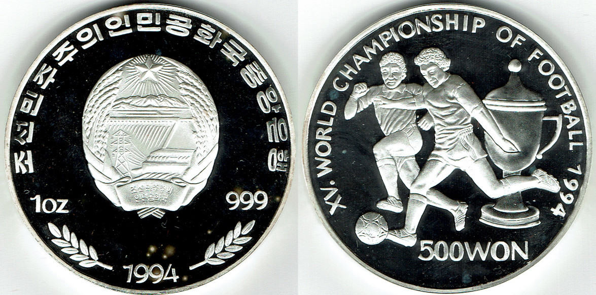 Nord Korea 500 Won Silbergedenkm nze Fussball WM USA 1994 Erhaltung Nord Korea 500 Won Silbergedenkm nze Fussball WM USA 1994 Erhaltung