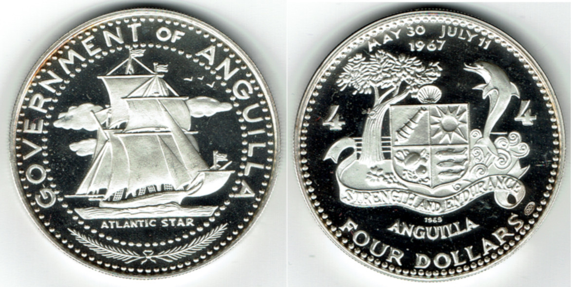 Anguilla 1969, 4 Dollars Silbergedenkmünze, &amp;quot;Segelschiff Atlantic Star ...