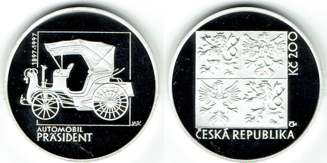 200 Kronen Tschechien 1997, Seitenansicht eines antiken Autos, Uncirculiert 200 Kronen Tschechien 1997, Seitenansicht eines antiken Autos, Uncirculiert