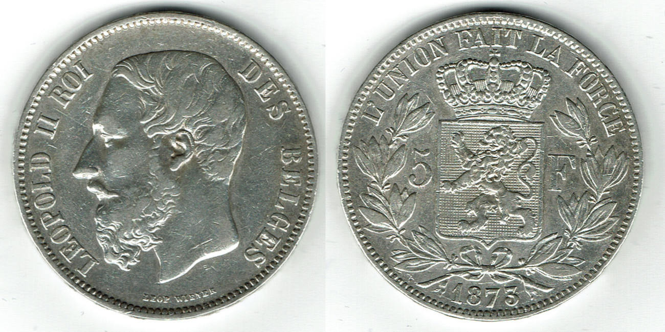 1873 Belgien König Leopold II., 5 Francs Silber, Kursmünze. Erhaltung siehe Scan! sehr schön 1873 Belgien König Leopold II., 5 Francs Silber, Kursmünze. Erhaltung siehe Scan! sehr schön