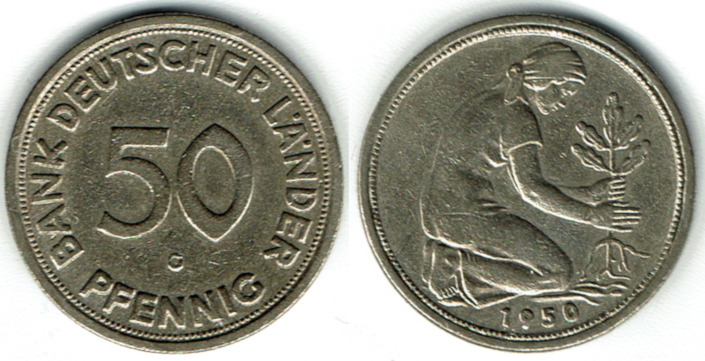 50 Pfennig 1950 J Bank Deutscher Länder Wert BRD Deutschland, Bank deutscher Länder, 50 Pfennig 1950 G, Erhaltung