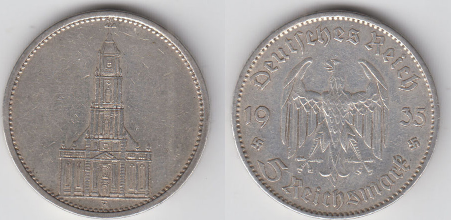 1935 A Drittes Reich, 5 Reichsmark Garnisonskirche ohne Datum, 13,89 g