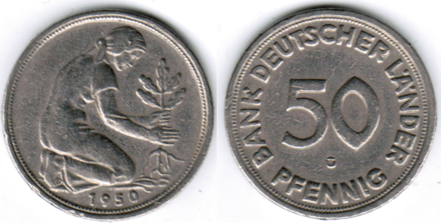 Bank Deutscher Länder 50 Pfennig 1950 G BRD Deutschland, Bank deutscher Länder, 50 Pfennig 1950 G, Erhaltung