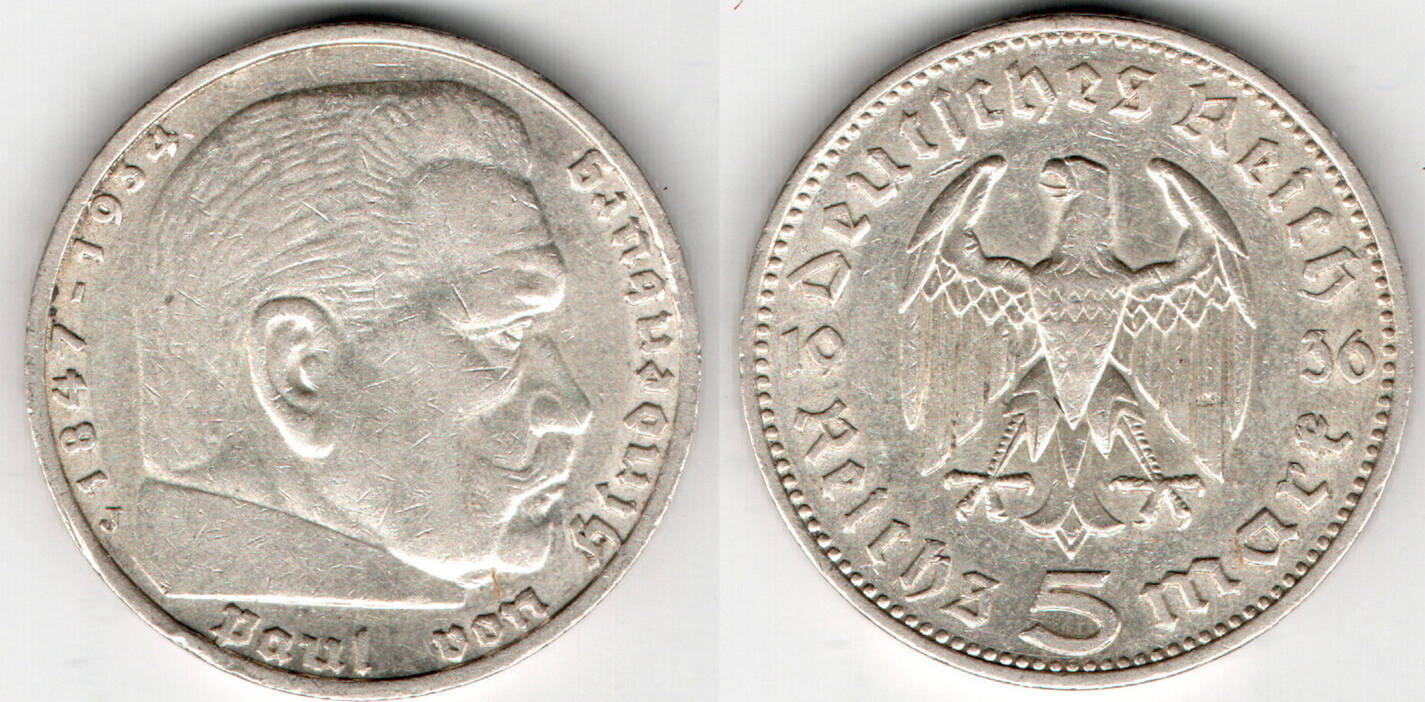 5 Reichsmark Silbermünze 1936 - Deutsches Reich, Paul Von Hindenburg, Jägernummer 360, Sehr Schön (ss)