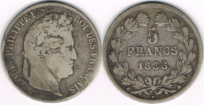 Frankreich 1836 A, 5 Francs, Erhaltung siehe Scan! schön bis sehr schön