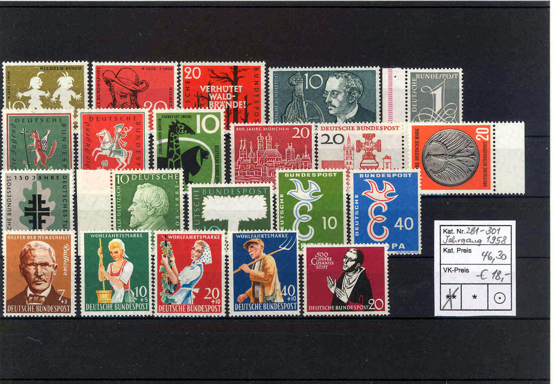 Briefmarken BRD, Jahrgang 1958 komplett postfrisch