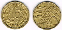 Weimarer Republik 10 Pfennig Weimar, Kursmünze 10 Pfennig 1934 G, J. 317, Erhaltung siehe Scan!