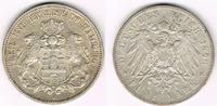 Hamburg 5 Mark Kaiserreich, Hamburg, 5 Mark 1908 J, Stadtwappen, Erhaltung siehe Scan!