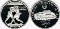 Griechenland 1000 Drachmen Silber-Gedenkmünze Olympsiche Spiele Athen 1996, Rv. 2 antike Ringer, siehe Scan