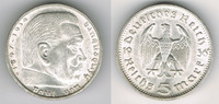 Drittes Reich 5 Reichsmark Drittes Reich, 5 Reichsmark 1936 G, Hindenburg ohne HK, Erhaltung siehe Scan!