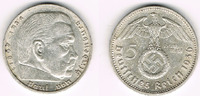 Drittes Reich 5 Reichsmark Drittes Reich, 5 Reichsmark 1936 F, Hindenburg mit HK!