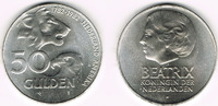 Niederlande 50 Gulden Silbergedenkmünze, 50 Gulden Holländisch-Amerikanische Freundschaft", Löwe